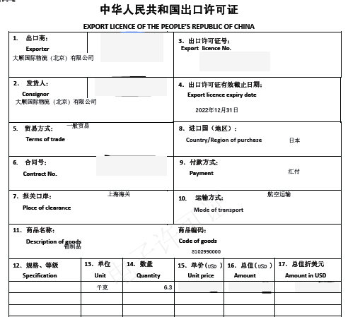 出口許可證電子證（樣例）